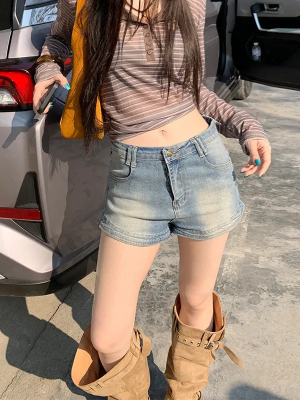 Women's High Waist Vintage Denim Shorts | Stretchy Washed Cotton Casual Streetwear