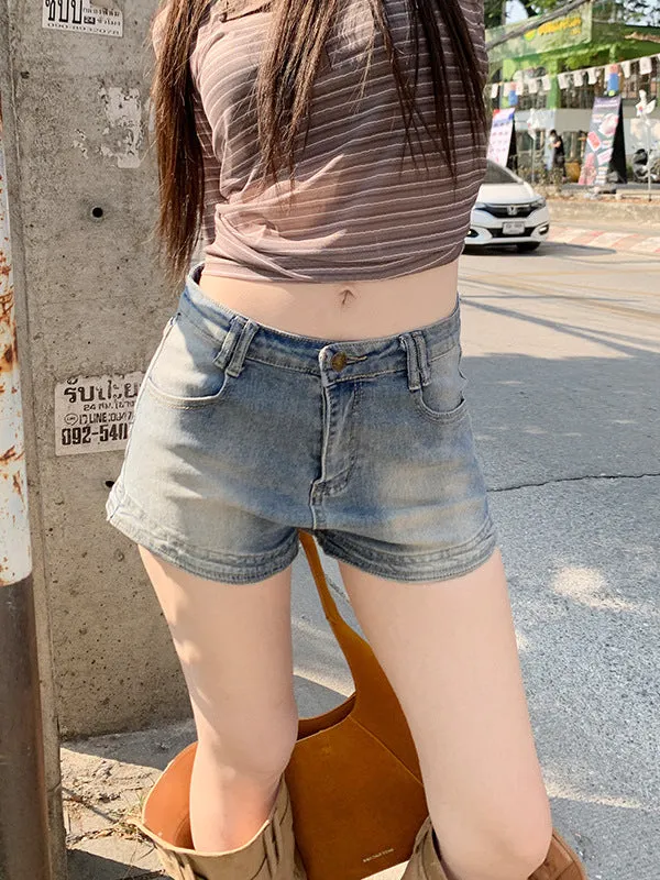 Women's High Waist Vintage Denim Shorts | Stretchy Washed Cotton Casual Streetwear